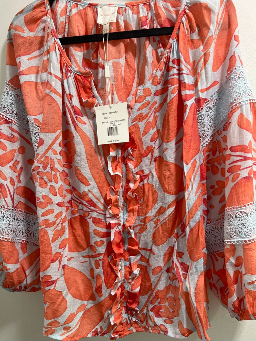 Zac & Rachel Coral and White Floral Ruffle Front Blouse